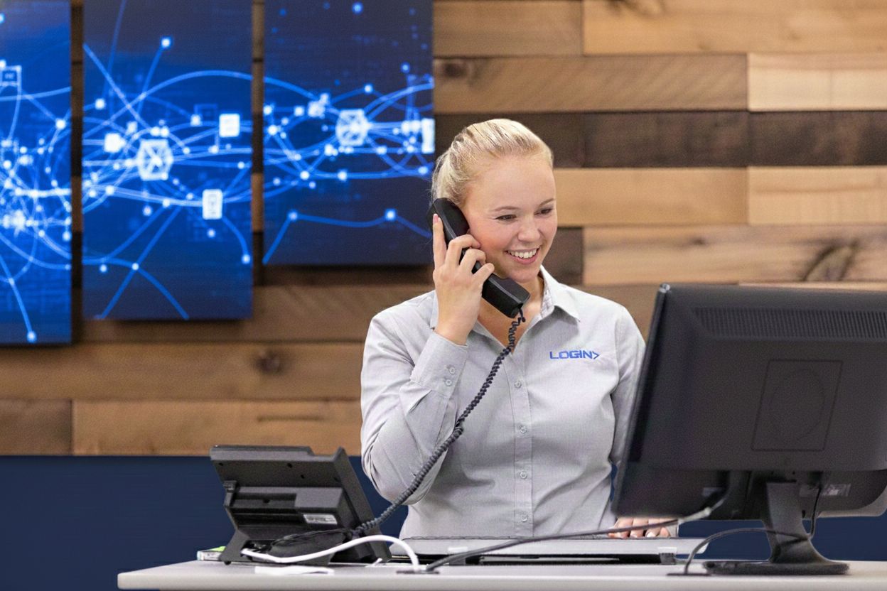 Login worker on a computer setting up colocation service for a business. 